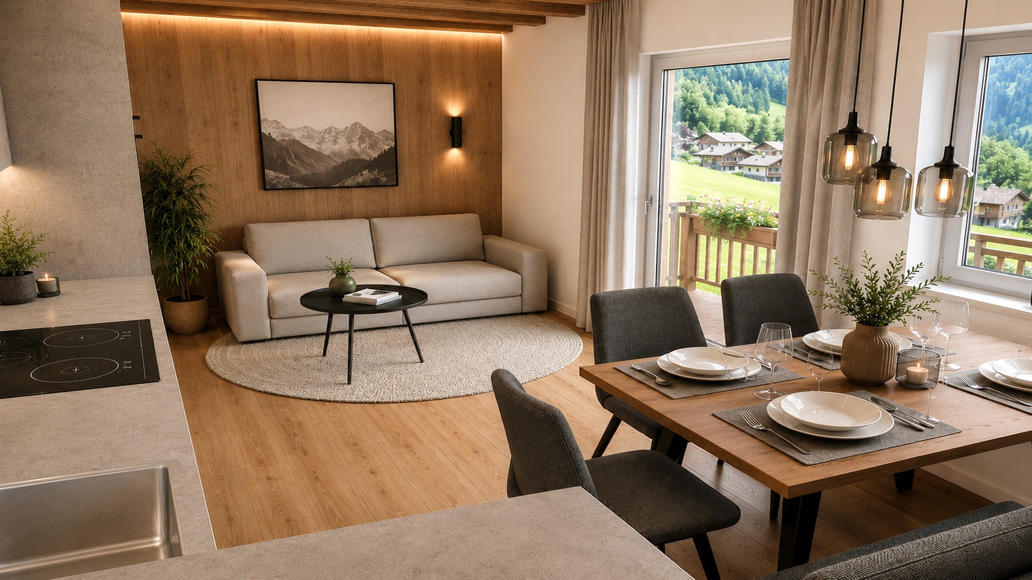Wohn- und Essbereich Rendering Appartment Cima & Meridiana